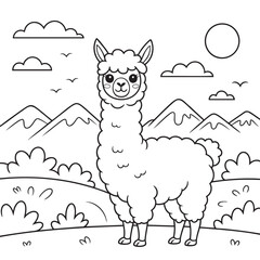 Naklejka premium Outline drawing of a llama in a landscape with mountains and clouds Keywords: llama, alpaca, animal, mammal, livestock, pet, cute, fluffy, woolly, farm, agriculture, nature, outdoors, field, grass