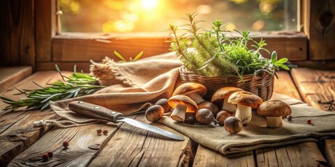 Rustic Still Life Featuring Freshly Harvested Mushrooms and Aromatic Herbs on a Weathered Wooden Table