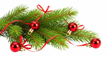 Close up of a festive green pine branch adorned with shiny red christmas ornaments and thin red ribbons against a black background