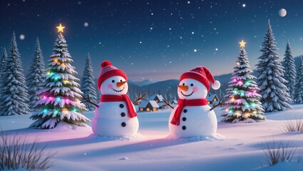 Cheerful snowmen stand within the snowy Christmas village at twilight, framed by glowing decorated trees, cozy cabin lights, distant mountains, and a calm festive winter sky