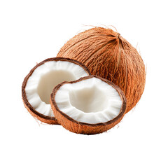 Coconut and coconut halves on black background