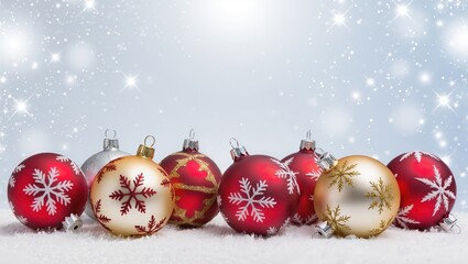 Colorful Christmas baubles upon snowy festive background, arranged within the row featuring red and gold ornaments, soft winter lighting, sparkling bokeh sky, and cheerful holiday mood