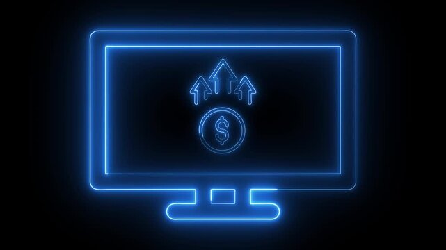 Glowing neon pink blue color monitor with line of dollar and up arrow icon animation tv desktop pc business graph bar chart money profit finance success us currency sign,  animation, arrow, bank, 