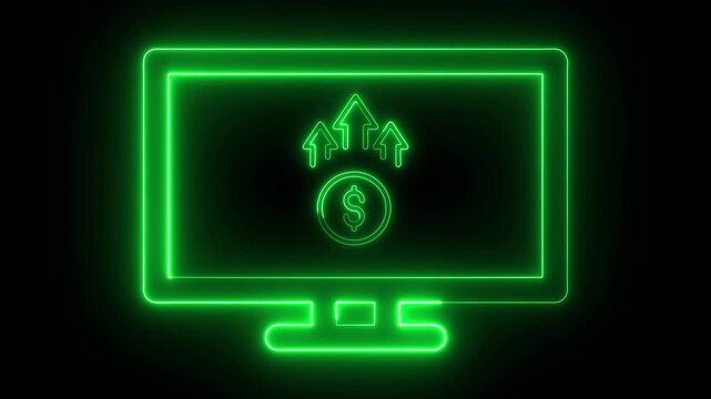 Glowing neon pink blue color monitor with line of dollar and up arrow icon animation tv desktop pc business graph bar chart money profit finance success us currency sign,  animation, arrow
