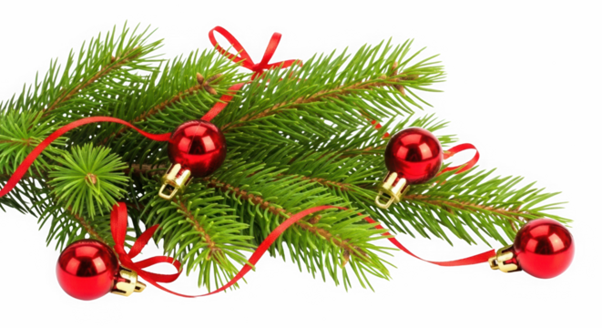 Close up of a festive green pine branch adorned with shiny red christmas ornaments and thin red ribbons against a black background - Powered by Adobe