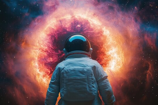 An astronaut stands before a breathtaking, fiery cosmic event, gazing into a swirling nebula of red and orange, enveloped by distant stars.