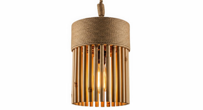 Rustic cylindrical pendant light fixture with woven texture and bamboo like rods illuminated by a warm bulb