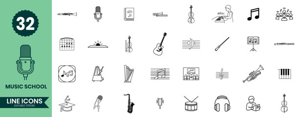 Music School Line Icons Set Instruments, Notes, Lessons, Audio Equipment & Musical Education Symbols