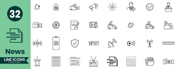 News Line Icons Set Media, Journalism, Breaking News, Broadcasting & Communication Symbols