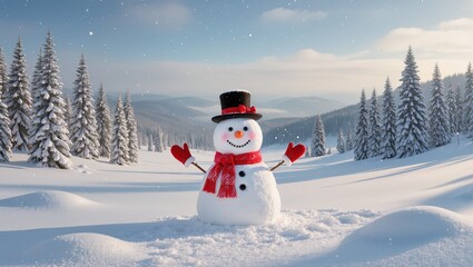 Cheerful snowman within the sunny alpine winter landscape, wearing red scarf and mittens, standing in fresh snow among frosted fir trees, soft morning light and clear blue sky