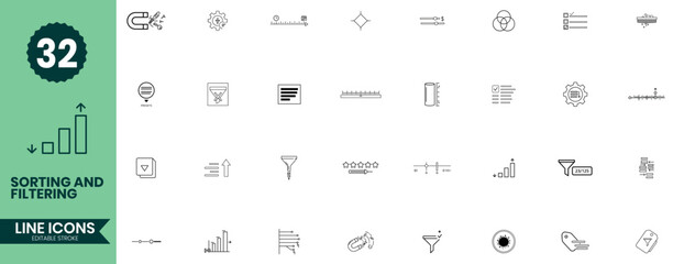 Sorting and Filtering Line Icons Set Data Sorting, Search Filters, UI/UX Interface Controls & Outline Icon Pack