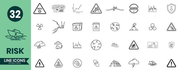 Risk Line Icons Set Hazard Warning, Safety Symbols, Danger Signs & Alert Outline Icon Pack