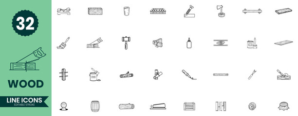 Wood Line Icons Set Carpentry Tools, Lumber, Sawing, Woodworking Equipment Outline Icon Pack
