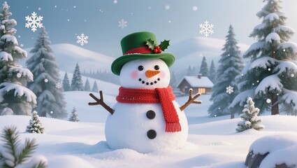 Cheerful snowman wearing green hat and red scarf stands within the snowy winter mountain landscape, featuring pine trees, falling snowflakes and a cozy cabin glowing in soft daylight