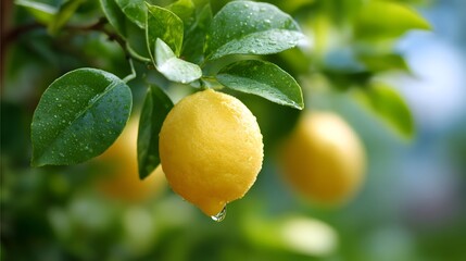 Close up of a single vibrant yellow lemon glistening with water droplets hanging from a branch laden with green leaves set against a softly blurred natural background