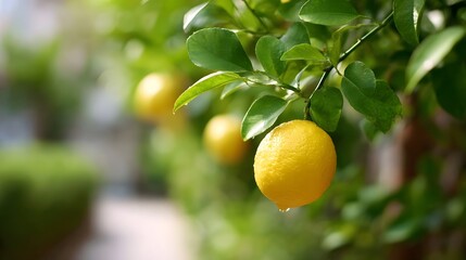 Close up of a vibrant dew kissed yellow lemon on a leafy tree branch with more out of focus citrus fruits in the natural sunlit background