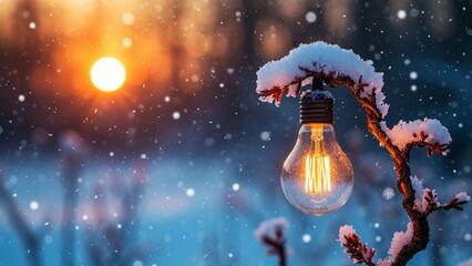 A burning light bulb hanging on a dry, snowy branch