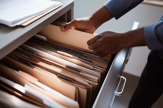 African American businessman organizing document folders in office cabinet under natural daylight creating modern workspace for corporate management and professional administration
