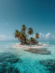 A small tropical island with palm trees surrounded by crystal clear turquoise water under a bright blue sky.