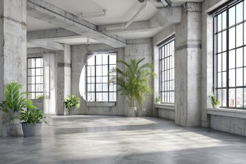 Empty industrial concrete loft space, bright light & large windows
