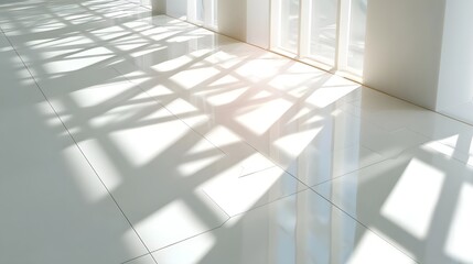 Obraz premium Abstract geometric patterns formed by sunlight filtering through onto a polished reflective tiled floor in a minimalist modern interior space