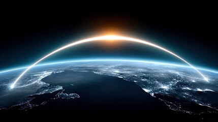 A glowing arc of light trails across the Earth's atmosphere, connecting points on the planet's surface, with a bright sunrise on the horizon.