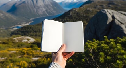 Hand holding open blank notebook in mountain landscape