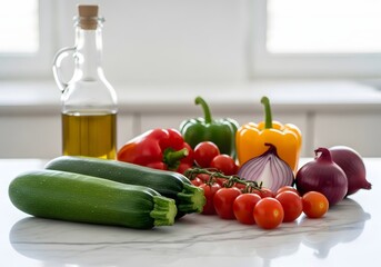 Assortment of fresh vegetables including zucchini with olive oil bottle on a bright kitchen counter