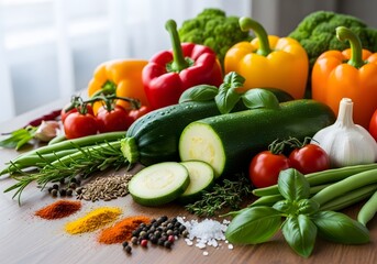 A colorful display of fresh vegetables including zucchini and aromatic spices arranged on a wooden table