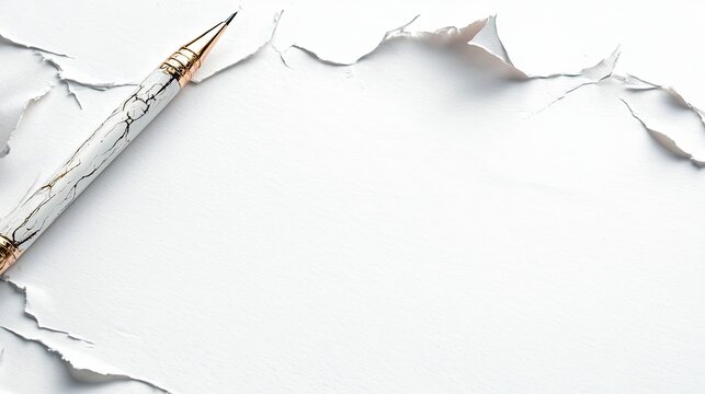 A close-up of a sophisticated white and gold pen resting on torn white paper, creating a clean and minimalist composition with ample copy space.