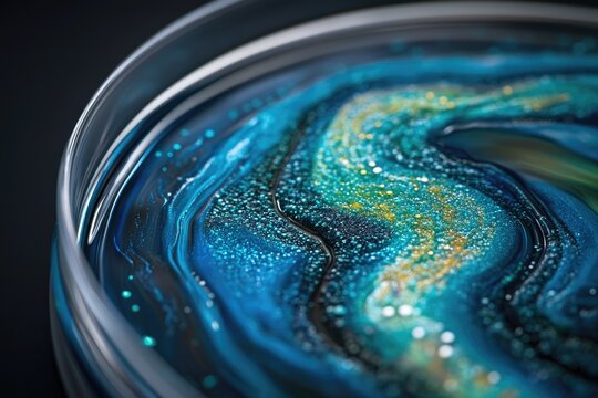 Mesmerizing swirl of blue, teal, and gold liquid with sparkling particles, resembling a miniature galaxy in a clear dish.