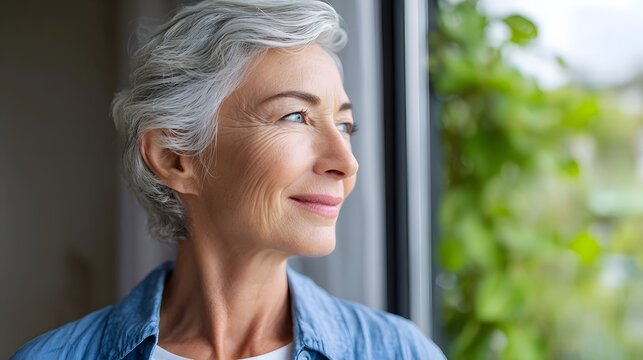 A pensive mature woman with elegant grey hair gazes serenely out of a window bathed in soft natural light lost in contemplation