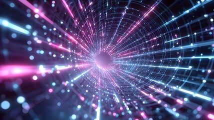 Abstract tunnel of bright neon pink and blue lights particle streaks and a grid pattern symbolizing fast digital data flow and futuristic movement through space or cyberspace