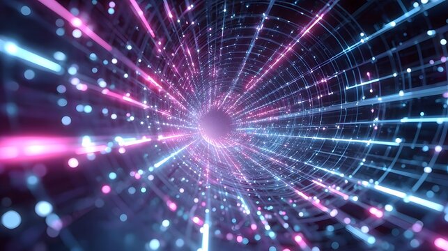 Abstract tunnel of bright neon pink and blue lights particle streaks and a grid pattern symbolizing fast digital data flow and futuristic movement through space or cyberspace