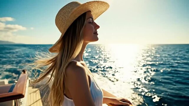 Elegant blonde woman in white dress and hat on yacht looking at the ocean at sunset