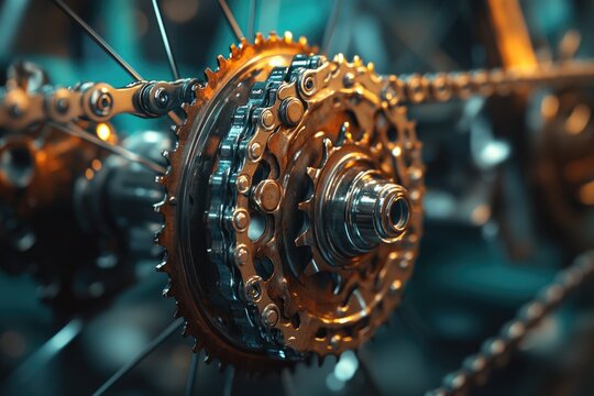 Close-up of a bicycle's rear cassette, chain, and hub, showcasing intricate metallic gears and links. Warm light emphasizes the mechanical precision and engineering detail. - Powered by Adobe