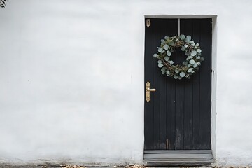 •	Minimalist modern door with a single eucalyptus wreath and gold ornaments 