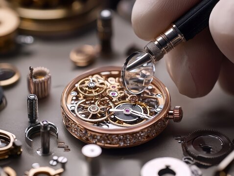Expert watchmaker assembling intricate luxury timepiece with precision tools for exceptional craftmanship