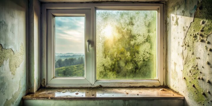 A sunlit view through a neglected window with moldy walls and a stained windowsill