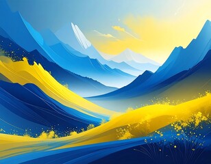 Stylized landscape painting featuring blue mountains and yellow fields beneath a bright sky with abstract brushstrokes