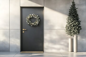 •	Minimalist modern door with a single eucalyptus wreath and gold ornaments 