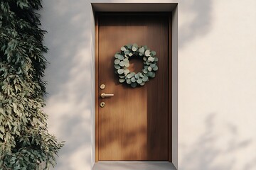 •	Minimalist modern door with a single eucalyptus wreath and gold ornaments 