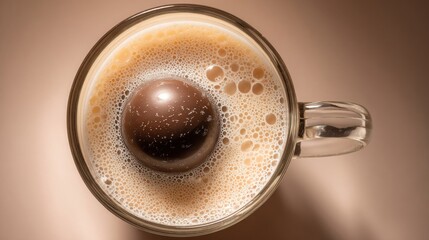 Delicious chocolate sphere melting in a glass of warm frothy milk, viewed from above in a cozy beige toned setting.