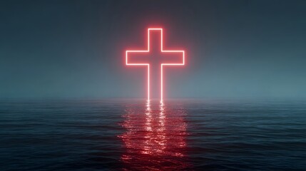 Fototapeta premium A luminous red neon cross stands as a beacon over dark rippling water enveloped in a mysterious fog symbolizing faith and spirituality