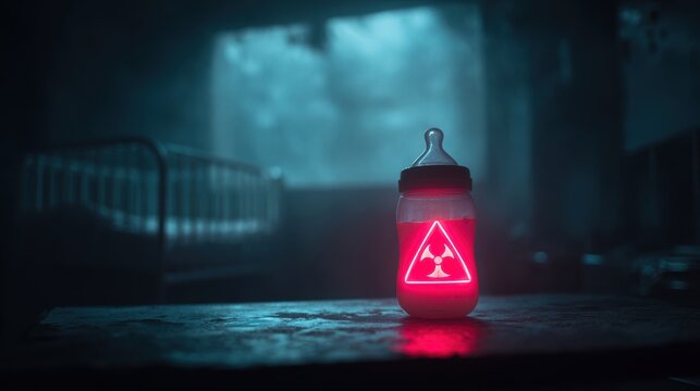 Surreal red glowing baby bottle marked with a biohazard warning, placed in a decayed nursery room, symbolizing the danger of infant botulism and contamination risks in a dramatic conceptual scene.