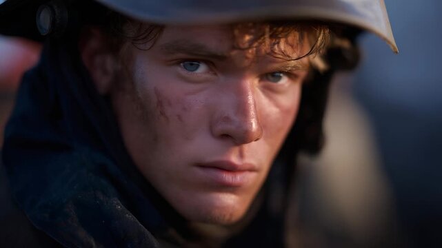 Close-up of firefighter&rsquo;s face covered in soot and sweat, eyes reflecting firelight &mdash; an intimate and human portrayal of exhaustion, determination, and the emotional weight of those who risk their
