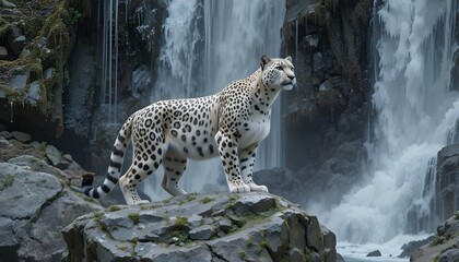 snow leopard is stand on a big stone behind it crystal white water fall

