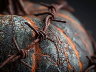 Eerie weathered pumpkin wrapped in rusty barbed wire creates a spooky Halloween vibe for scary decor