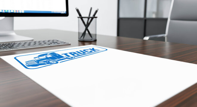 White paper with a blue truck image and the word truck on a brown office desk with keyboard and computer monitor for transportation or logistics concept