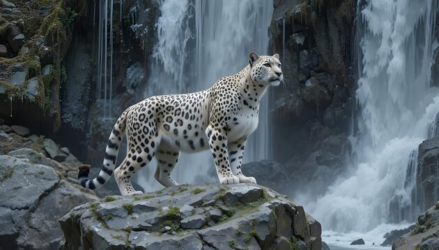 snow leopard is stand on a big stone behind it crystal white water fall
